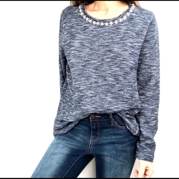 J. Crew Marled Jeweled Neck Sweatshirt Size XXS - Picture 1 of 8